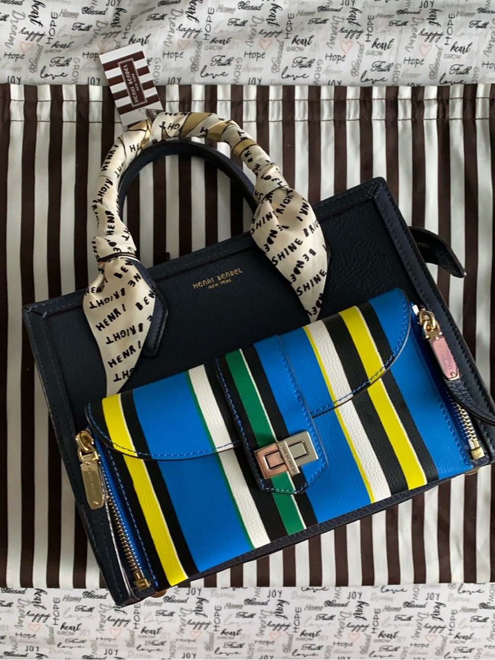 HENRI BENDEL Navy Mini Rivington Satchel with Blue, Yellow & Green Stripe